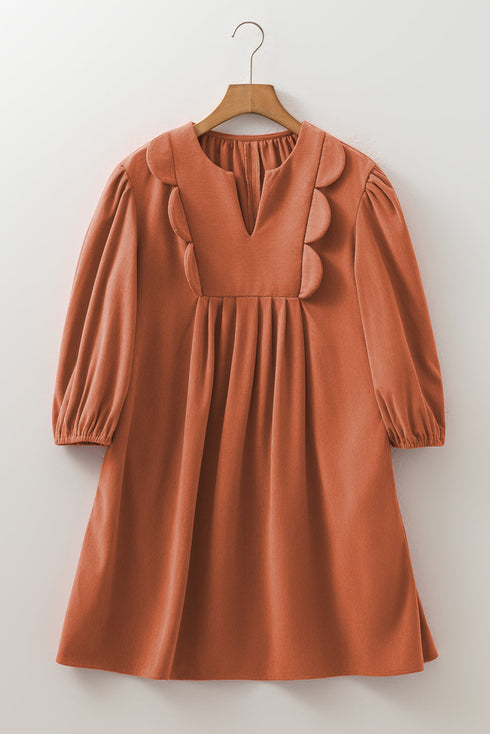 Bracelet Sleeve Split Neck Scallop Detail Pleated Corduroy Mini Dress